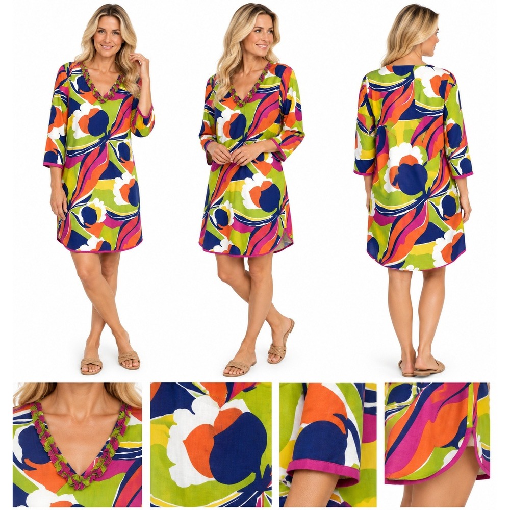 Boden Dress 10 Abstract Floral Ruffle V Neck Cotton Tunic Mod Psychedelic Boho